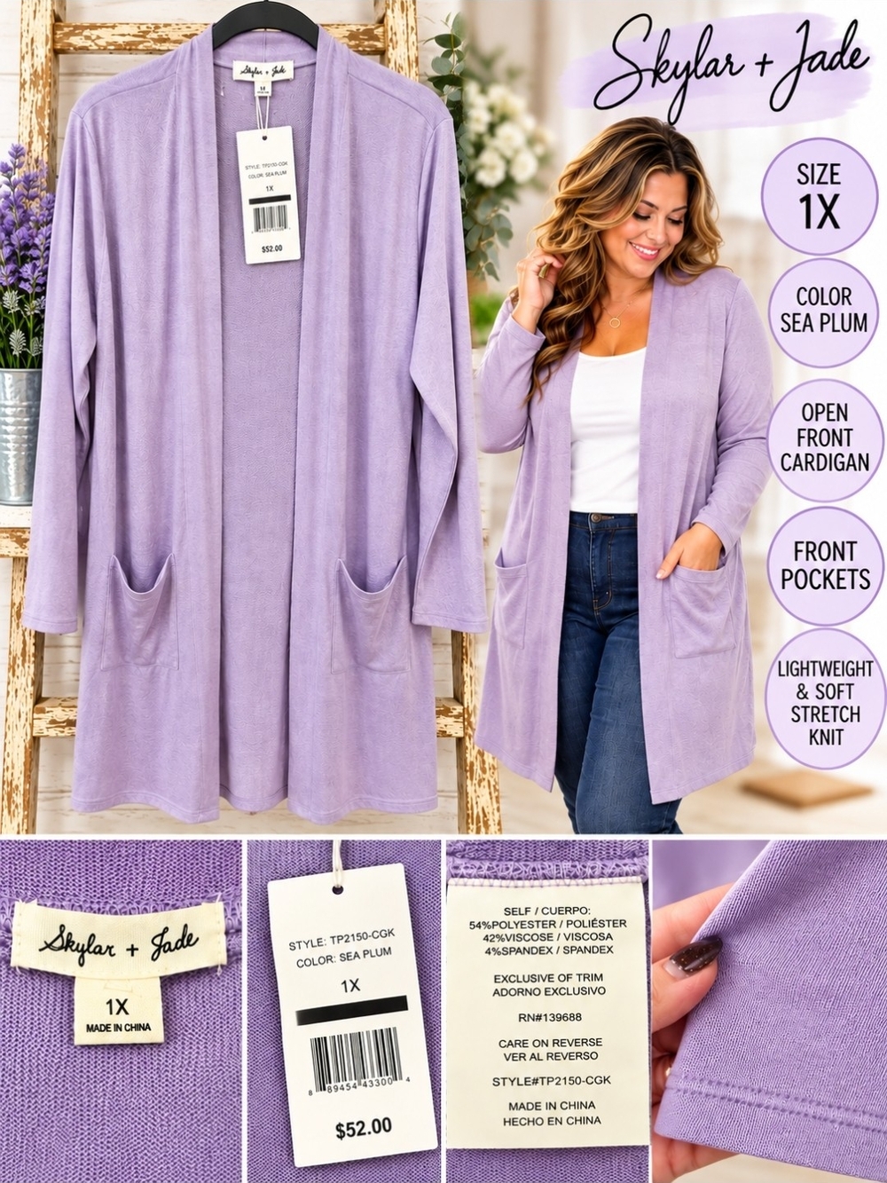 Skylar + Jade Sea Plum Open-Front Cardigan - 1X